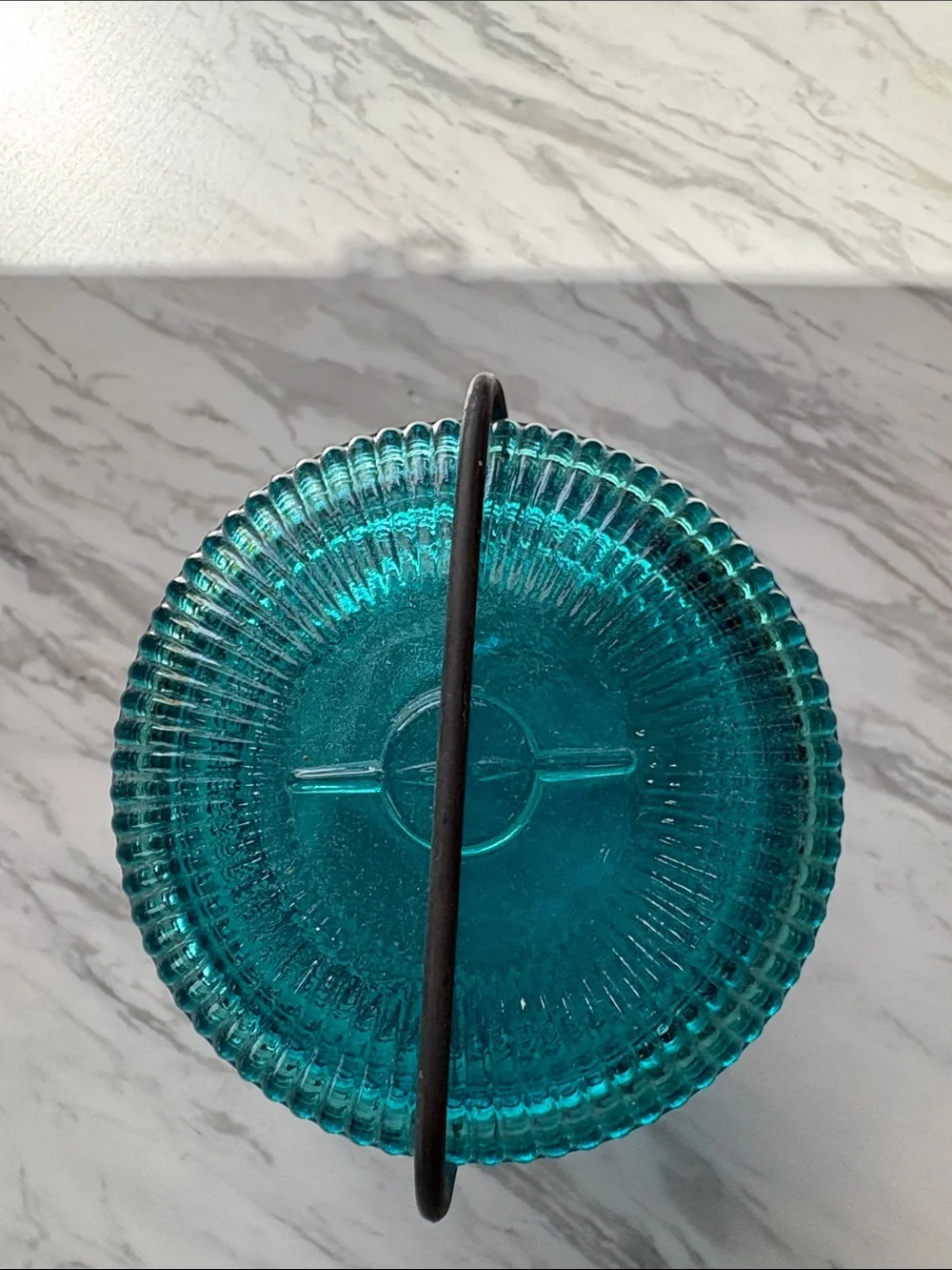 Vintage Avon Decorative Teal Glass Jar with Lid and Handle